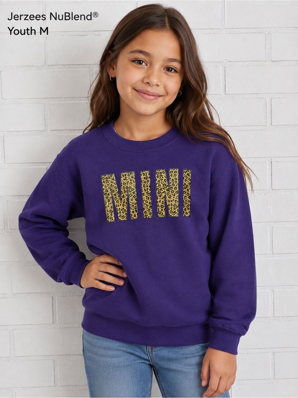Jerzees Youth M Purple “MINI” Leopard Print Graphic Crewneck Sweatshirt cozy